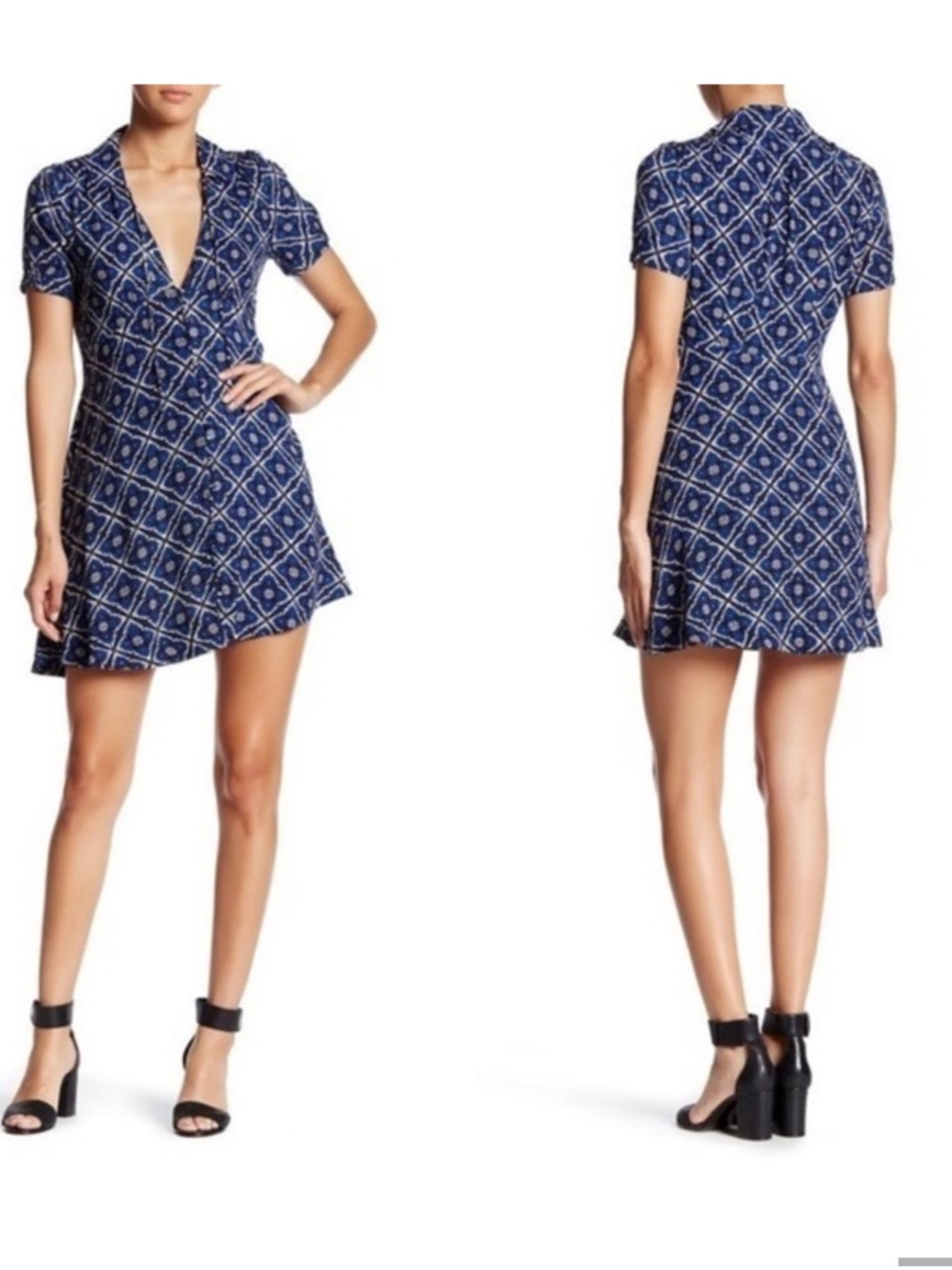 Free People Blue Geometric V-Neck Mini Dress
